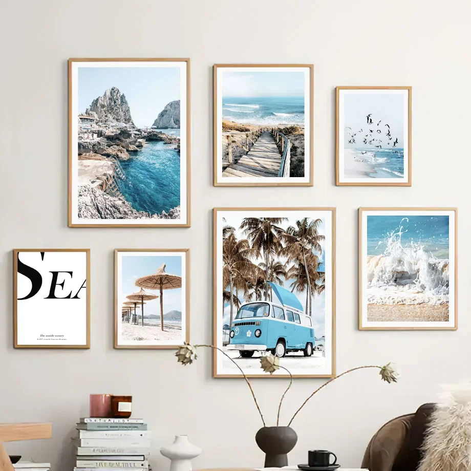 Blue Ocean Waves Coconut Tree Bridge Bus Gabbiano Wall Art Canvas Painting Poster E Stampe Immagini A Parete Per La Decorazione Del Soggiorno