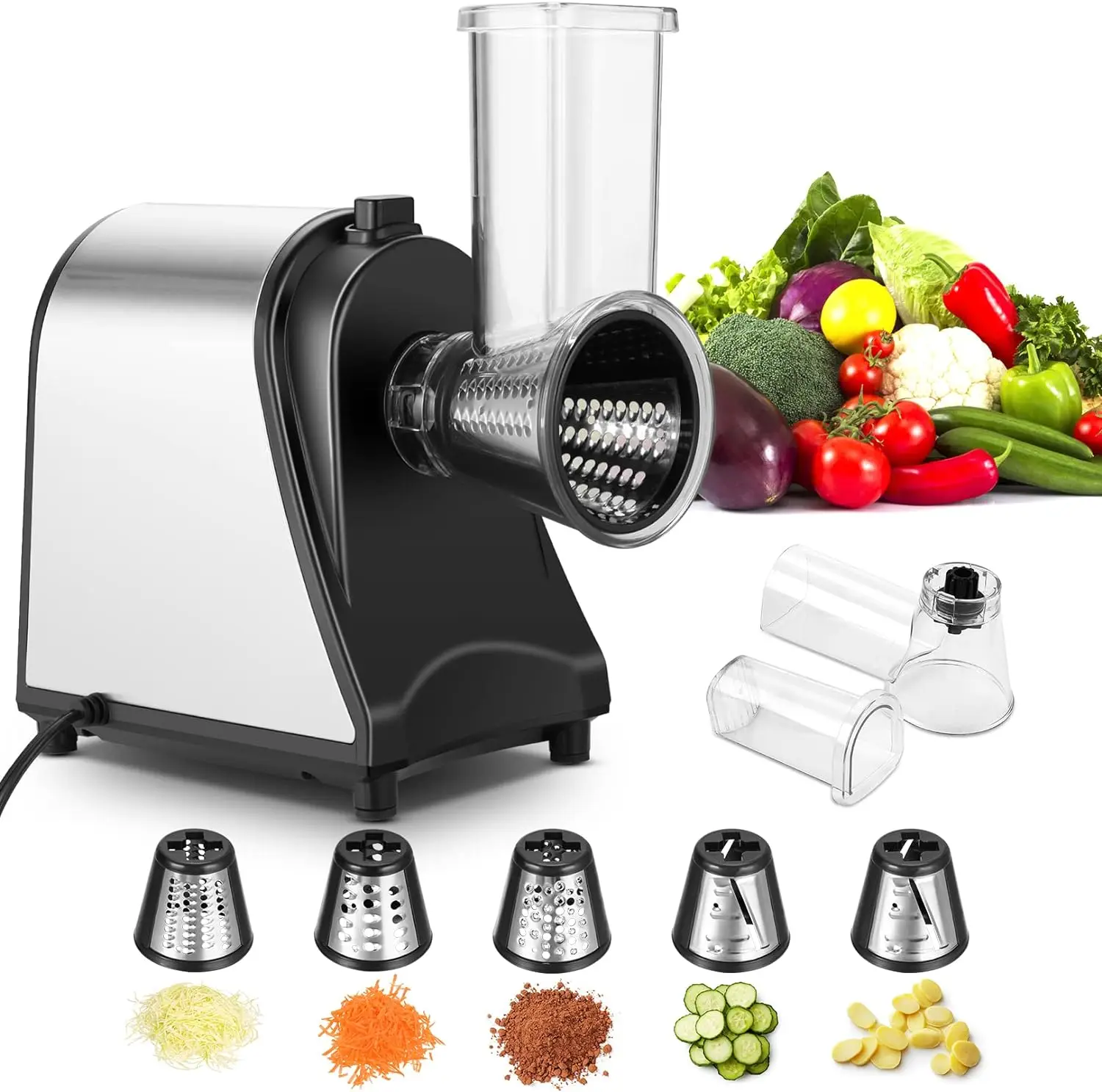 

Grater, 250W Professional Slicer Shredder for Home Use, Salad Maker Machine with One-Touch Control, 5 Free Attachments for Cut