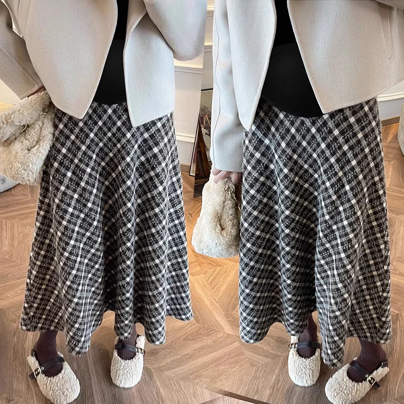 Winter Pregnant Woman Plaid Empire Skirt with Pockets Plus Size Large Hem Long Loose Maternity Belly Skirt Woolen Umbrella