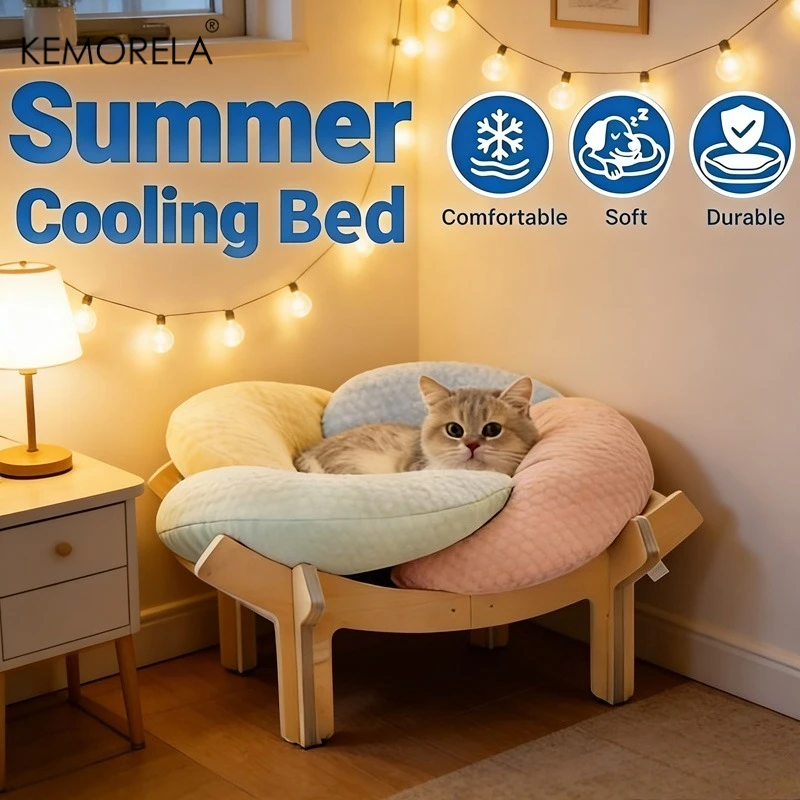 KEMORELA Fluffy Pet Sofa Indoor Raised Cat Lounger Chair Elevated Wooden Summer Cooling Cat Bed With Cushion Cozy Cat Furniture_voghion.com