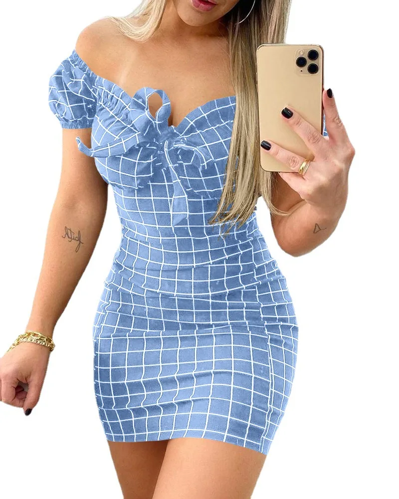 

2022 Female Mini Dress Vestidos Plaid Print Sexy Dress Women Elegant Off Shoulder Long Dresses Backless Bodycon Summer Dress