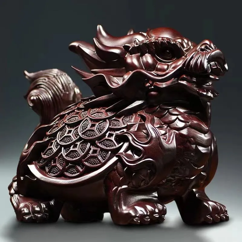 

Ebony Wood Carved Dragon Turtle Ornaments Handmade Carving Crafts Statue Solidwood Statuette Xuanwu Home Office Decor Gift