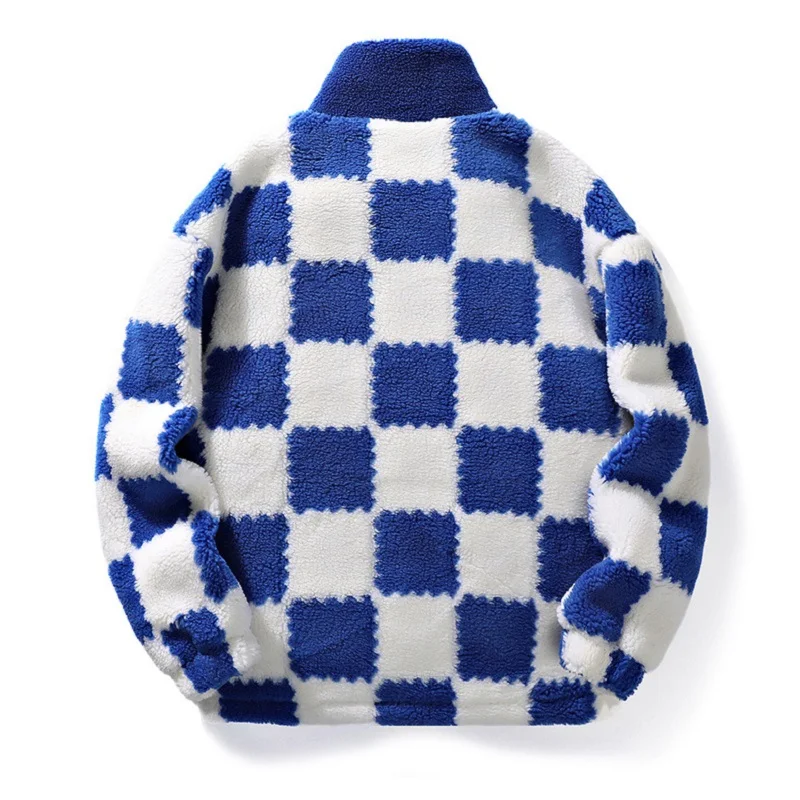 Checkerboard Stitching Contrast Color Imitation Sherpa Warm Jacket Loose Stand Collar Casual Winter Coats Men Couple Clothes