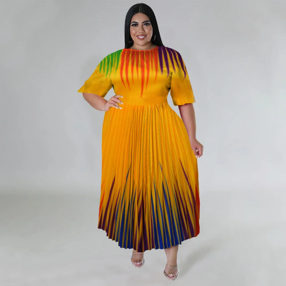 

Plus Size dresses Pleated Crew Neck Long Casual Dress High Fashion Summer Loose Ladies Casual Beach Dress Wholesale Dropshipping