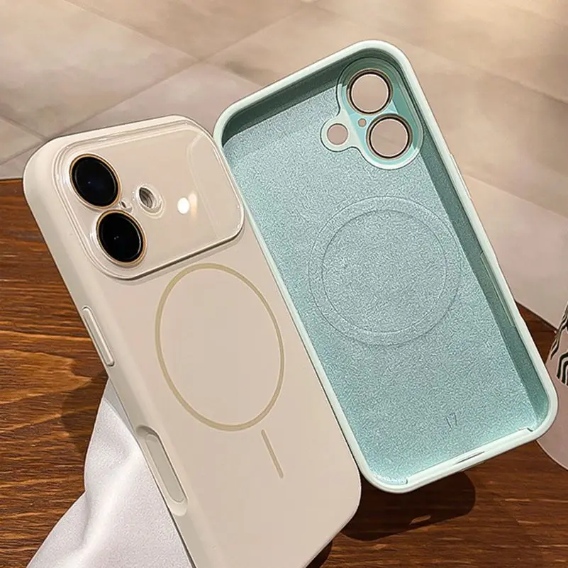 Luxury Liquid Silicone Shockproof Phone Case with Crystal Lens Protection and MagSafe Compatibility