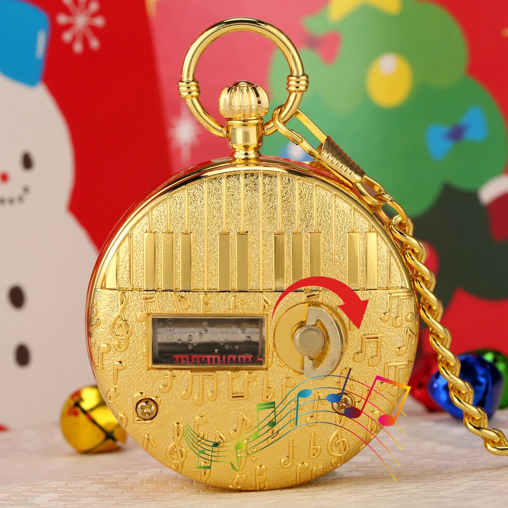 Merry Christmas Musical Quartz Pocket Watch Luxury Gold Hollow Steampunk Retro Roman Numerals Pendant Clock Fob Chain New 2023