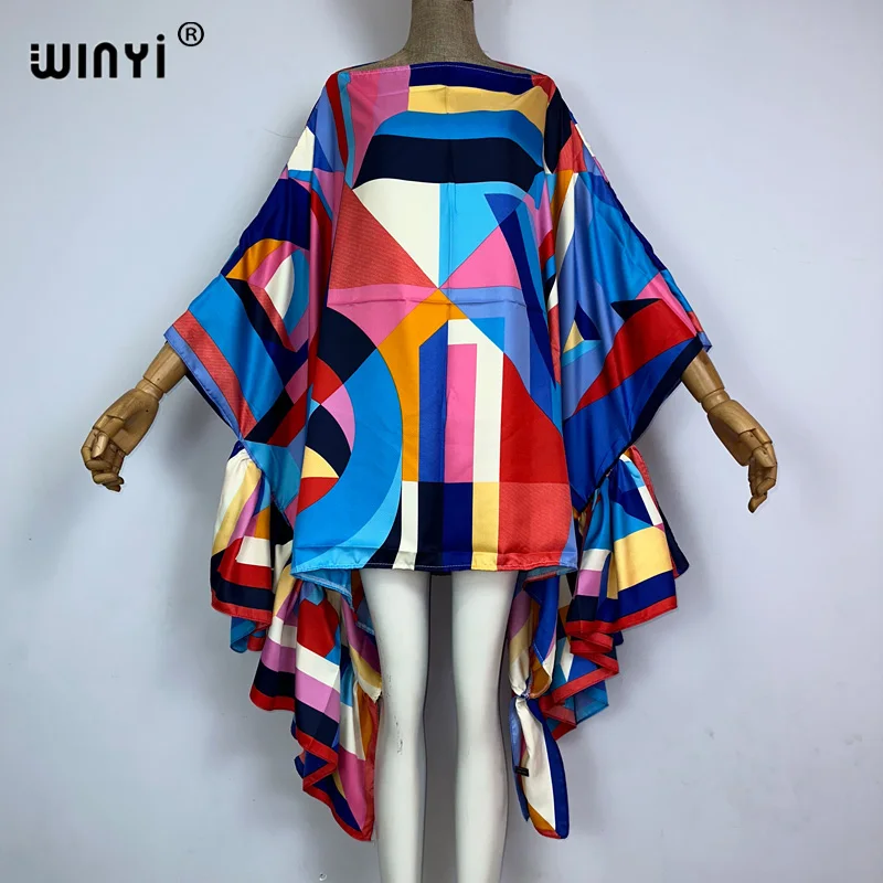 WINYI ženy léto móda soumrak večírek beachwear kuvajt bohémský abaya kaftan supět rukáv sexy elegantní pláž obal nahoře šaty