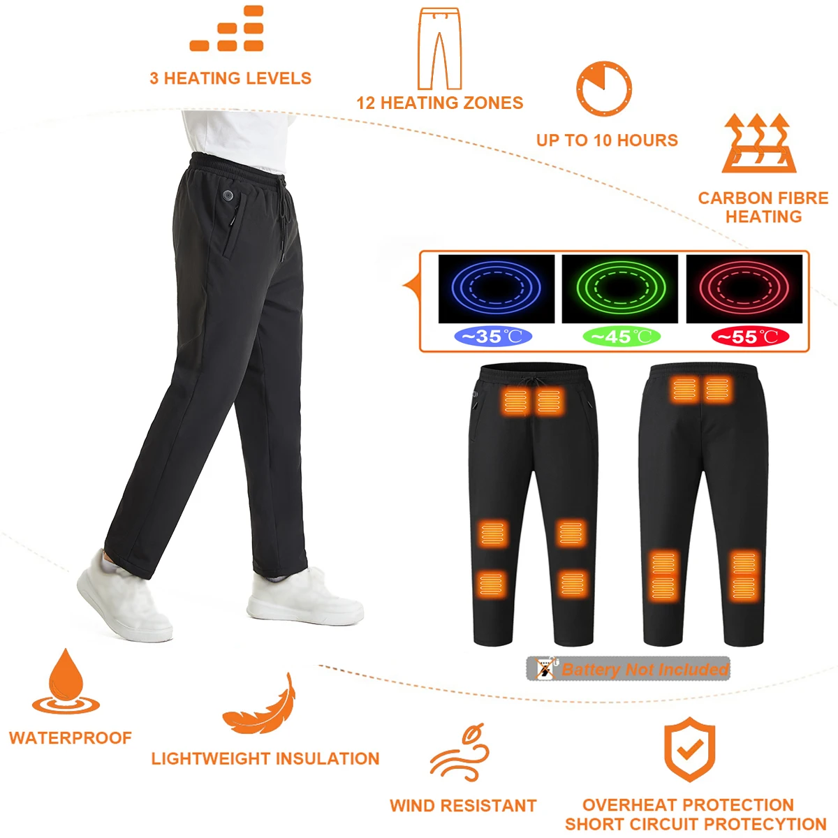New Heated Pants, Winter Warm Outdoor USB Electric Heated Pants with 12 Carbon Fiber Heating Pads, 3 Temperature Levels