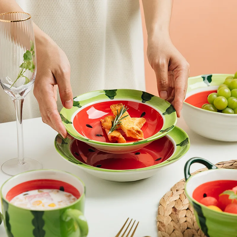 Watermelon Ceramic Tableware Bowls and Cups Lovely Tableware Kitchen Supplies Hand-painted Table Decorative Plate
