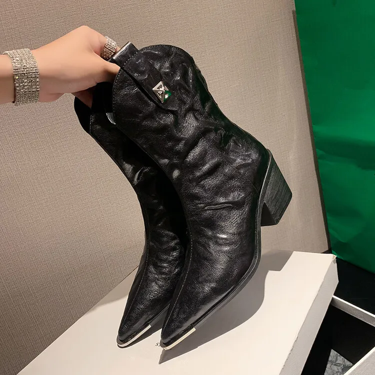 

Vintage Brown Genuine Leather Women Western Boots Pointed Toe Slip On Autumn Motorcycle Botas Square High Heels Black Botines