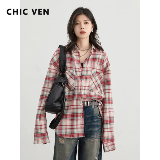 CHIC VEN Women's Cotton Shirt Single Breasted Loose New Retro Color Blocked Grid Female Blouses Autumn Spring 2026 2