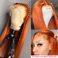 Perruque Lace Front Wig naturelle brésilienne, cheveux lisses, orange, HD, pre-plucked, pour femmes 2