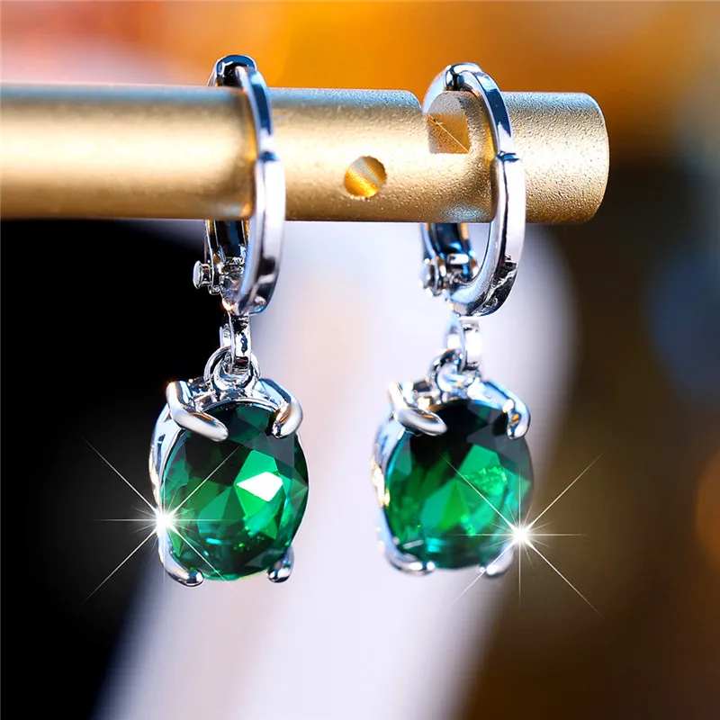 Cute Female Green Oval Zircon Stone Clip Earrings Charm Silver Color Wedding Jewelry For Women