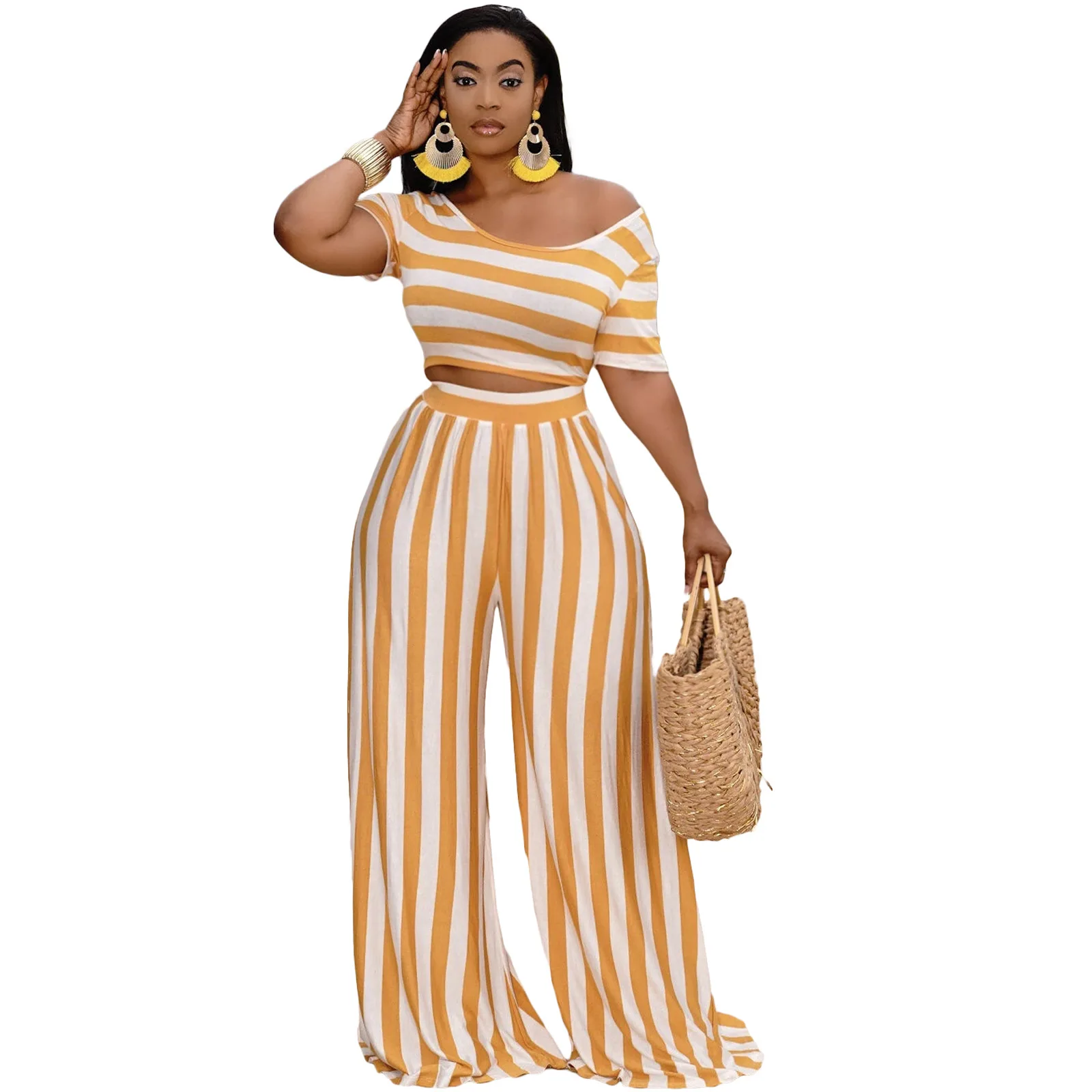

African Clothes Women 2 Piece Set Crop Tops Wide Leg Pant Suit Summer New Striped Print Sexy Streetwear African Outfits Clothing