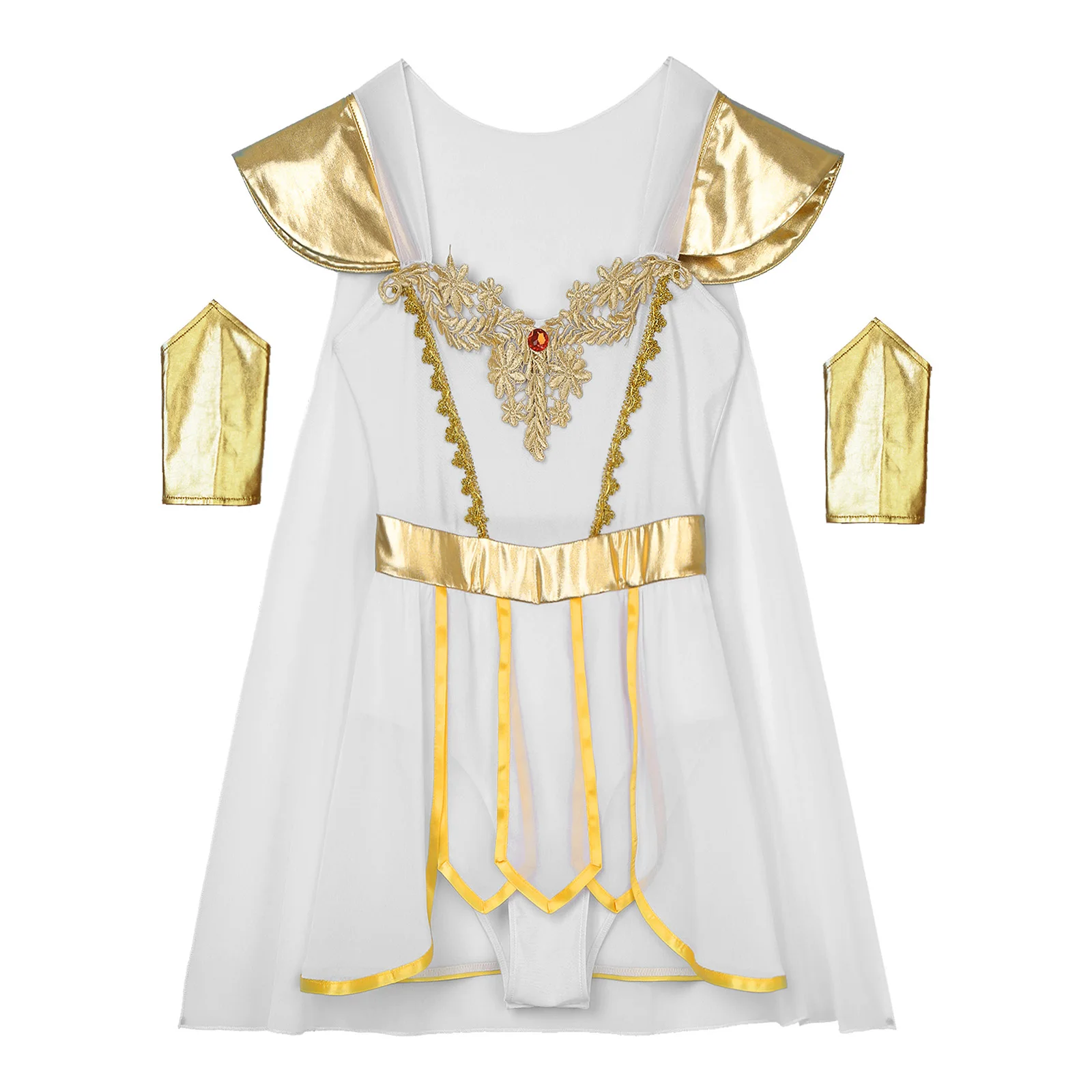 Womens Ancient Greek Roman Godness Empress Cosplay Costume Cape Leotard Dress Toga with Wristbands for Halloween Theme Party