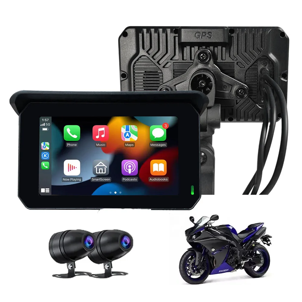 Wireless Motorcycle CarPlay Screen Android Auto Monitor with dual recording dash camera for motorbike