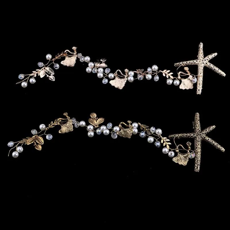 Handmade Pearls Bridal Wedding Starfish Star Headbands Metal Clear Crystal Rhinestone Leaf Tiaras Crown For Women Hair Jewelry