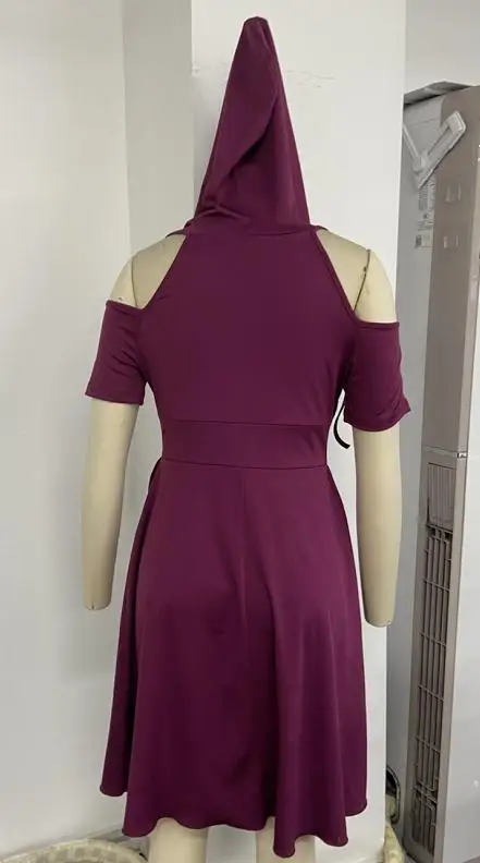 Vintage Plain Color Hooded Dress For Women V Neck Tied Ladder Cut Out Overlay Cold Shoulder High Waisted Mini Vestidos Mujer