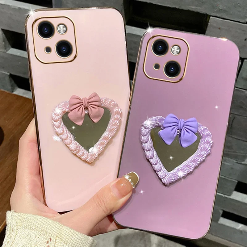 Cream Cake Heart Make-up Mirror Case For iPhone 15 Pro Max 14Plus 12Pro 13Mini 11 7 8Plus 6S X XR XSMax Bows Silicone_voghion.com