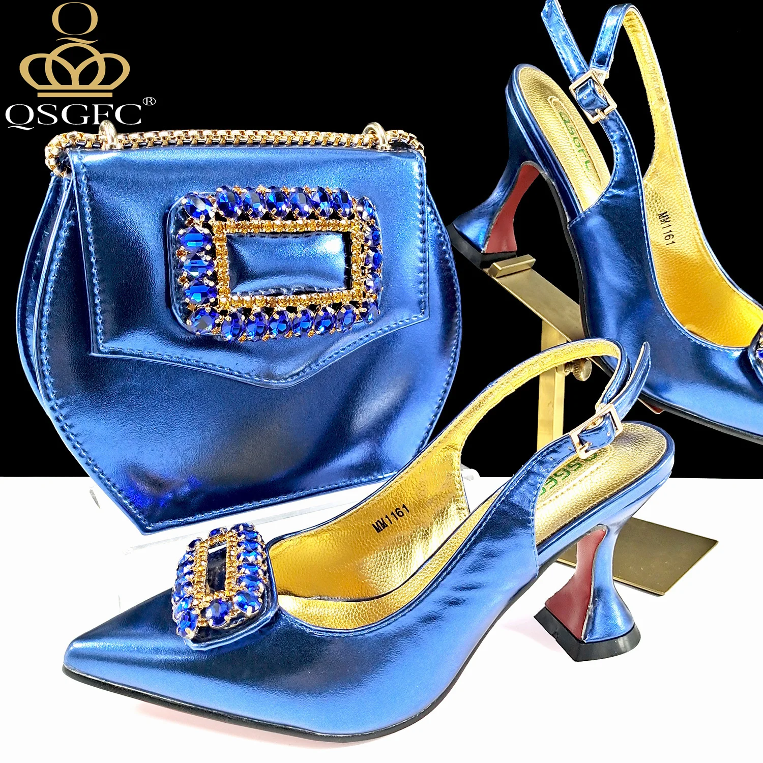 QSGFC-zapatos de tacón alto con diamantes de imitación para mujer, conjunto  de bolsos y zapatos de punta estrecha, diseñador italiano, Color azul real  - AliExpress, image size:1500x1500