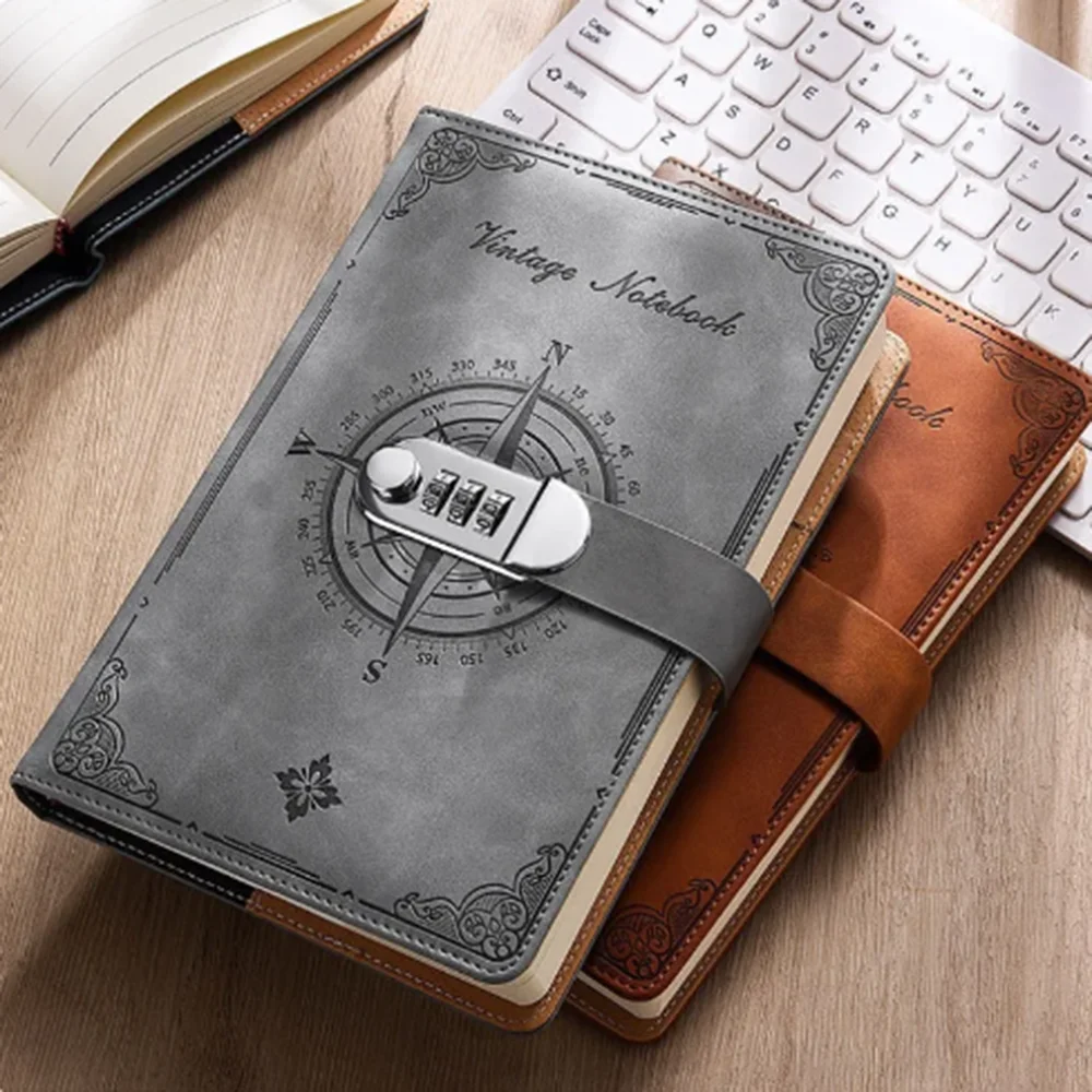

A5 2024 Notebook Retro Password Book with Lock Diary Binder Thickened Creative Hand Ledger Student Notepad Stationery 200 Pages