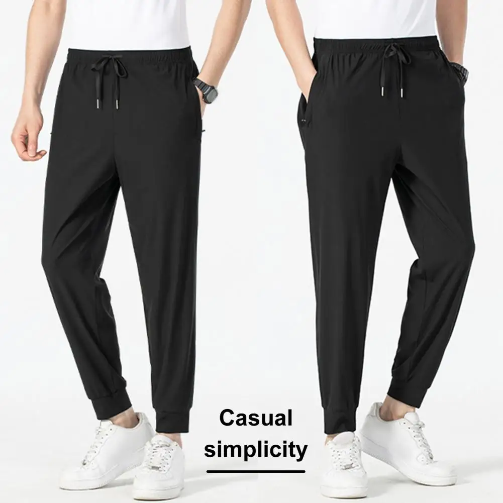 Youthful Adult Trousers Ice Silk Unisex Pants with Side Pockets Drawstring Waist for Gym Training Jogging Quick Dry Solid Color