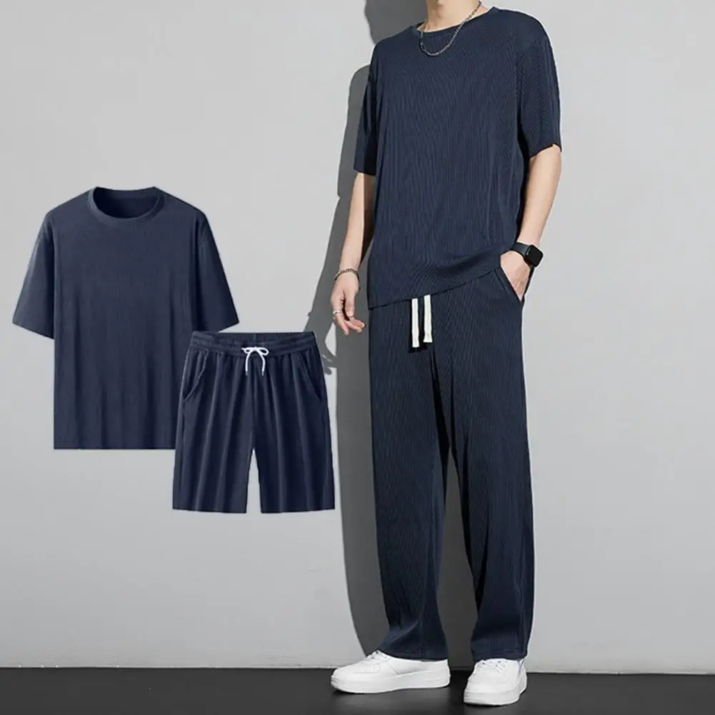 

Soft Comfortable Men Wear Men's Summer Sports Set Round Neck T-shirt Drawstring Pants Two-piece Set for Indoor Outdoor
