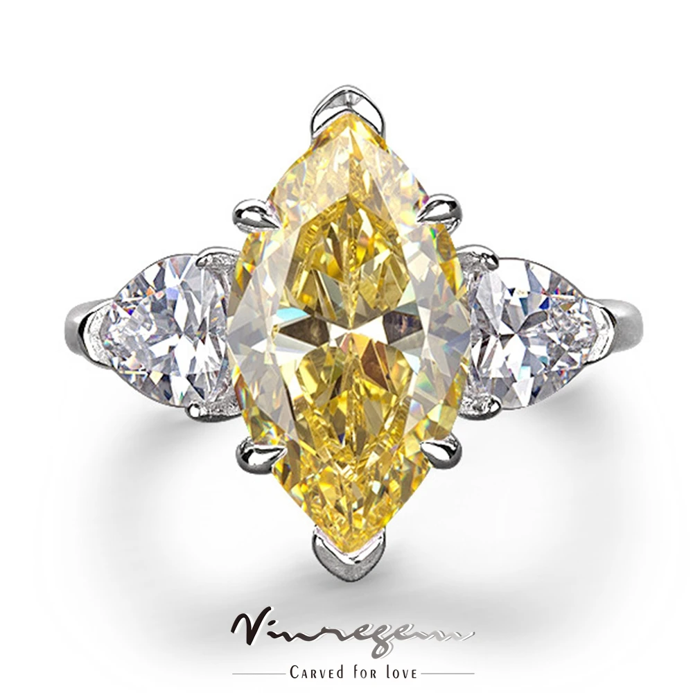 

Vinregem 925 Sterling Silver Marquise Cut 6CT Yellow Sapphire Created Moissanite Wedding Engagement Rings Fine Jewelry Wholesale