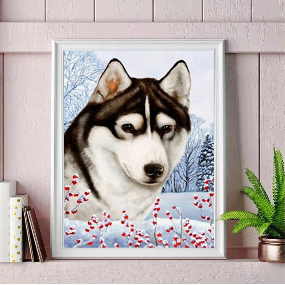 YSCOLOR Diamond Painting 5D Fai Da Te - Kit Completo Con Tela Husky Cane, Mosaico Rotondo, 30x30 Cm, Decorazione Casa