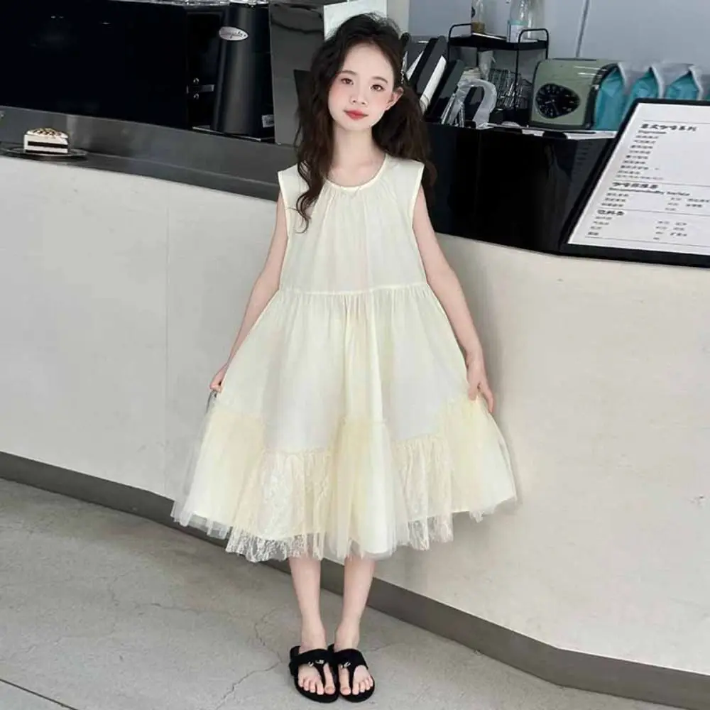 Elegant Loose Girls Sleeveless Dress Lace Mesh Pleated Summer Kids Dresses Teenagers Sweet Children Princess Dress Holiday