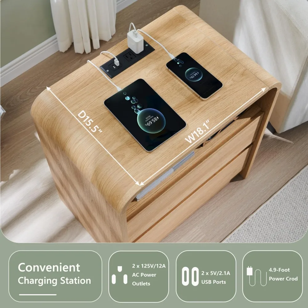 25" Tall Modern Nightstand Set of 2, 23.6'' Wide Wood Bedside Table w/2 Storage Drawers, Charging Station, Mid Century End Table 4