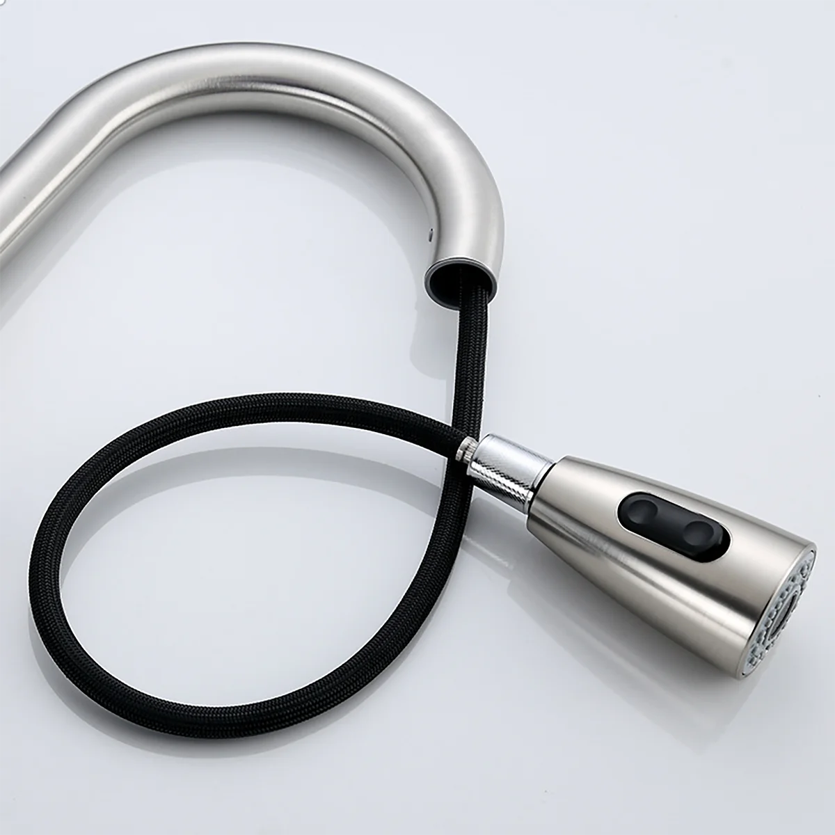 Stainless steel pull-out kitchen faucet with 360° rotating bubbling water + shower dual outlet mode (brushed/black available)