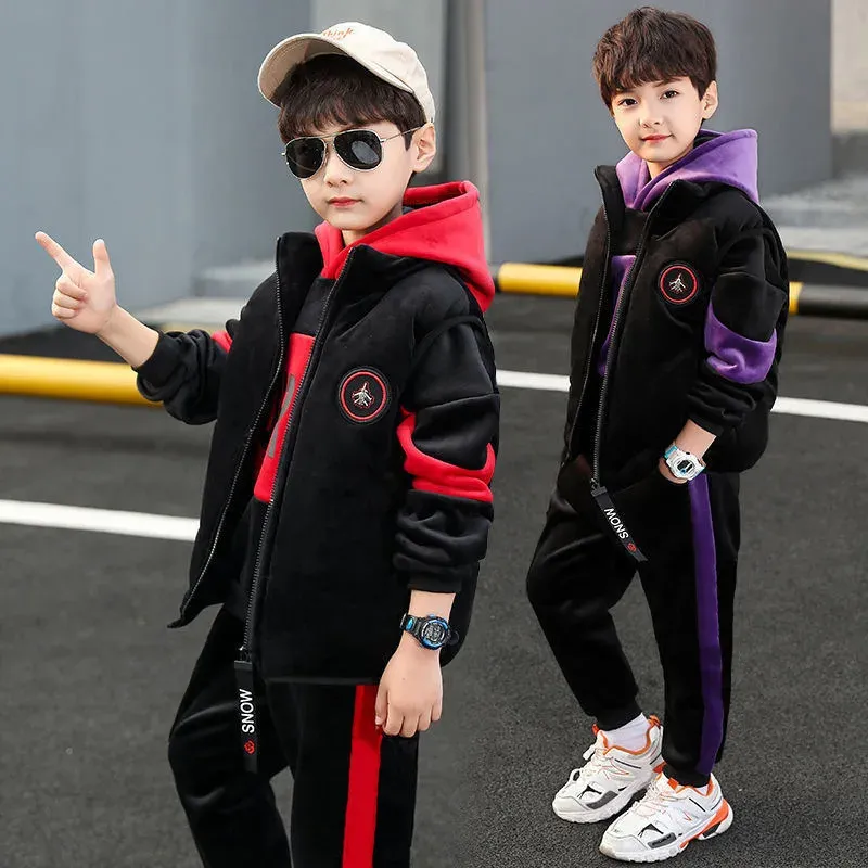 2024 New Fleece-Lined Thickened Boys Suit Three-Piece Set Trendy Autumn/Winter Outfit For Mid to Large Children