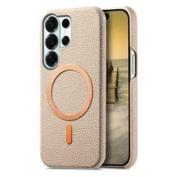 Premium Magnetic Leather Case with Wireless Charging Compatibility - Galaxy S23 Ultra (Beige)