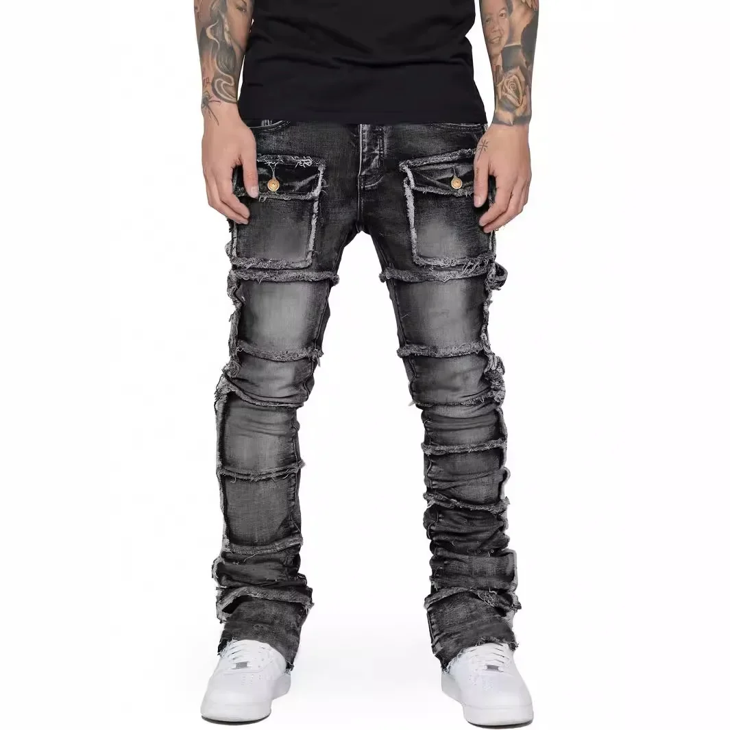 New Stretchy Jeans Men Ripped Washed Y2k Pants Retro Cargo Straight Leg Male's Patched Denim Trousers
