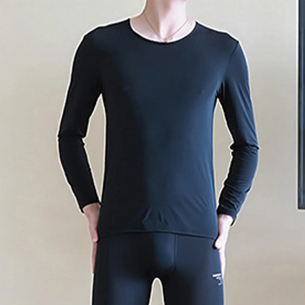 Solid Color Men Thermal Underwear Tops Ice Silk Seamless Long Johns T-Shirt Nightwear Elastic Ultra Thin Lingerie Tops For Man