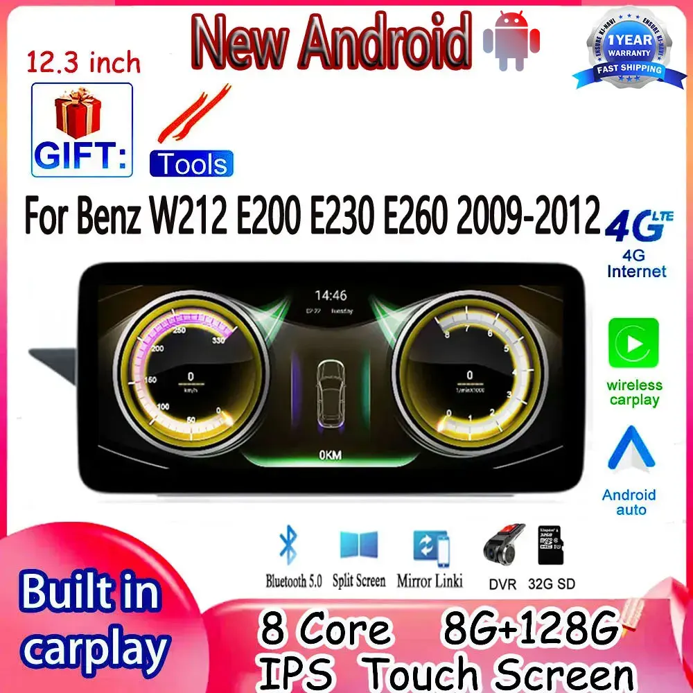

12.3 ” For Benz W212 E200 E230 E260 2009-2012 IPS Screen Carplay Car Android 14 System Auto Radio Video Stereo GPS Navigation