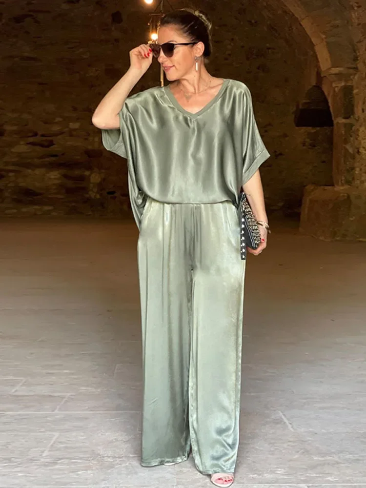 V-Neck Fashion 2-Piece Pants Suit Women's Casual Loose Solid Color Cropped Top and Women's Pants Set Women's Pants Suit