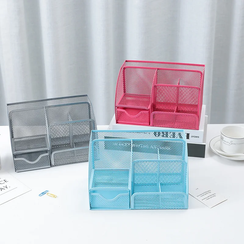 Multi grid metal creative pen holder and barrel multifunctional office stationery storage drawer style