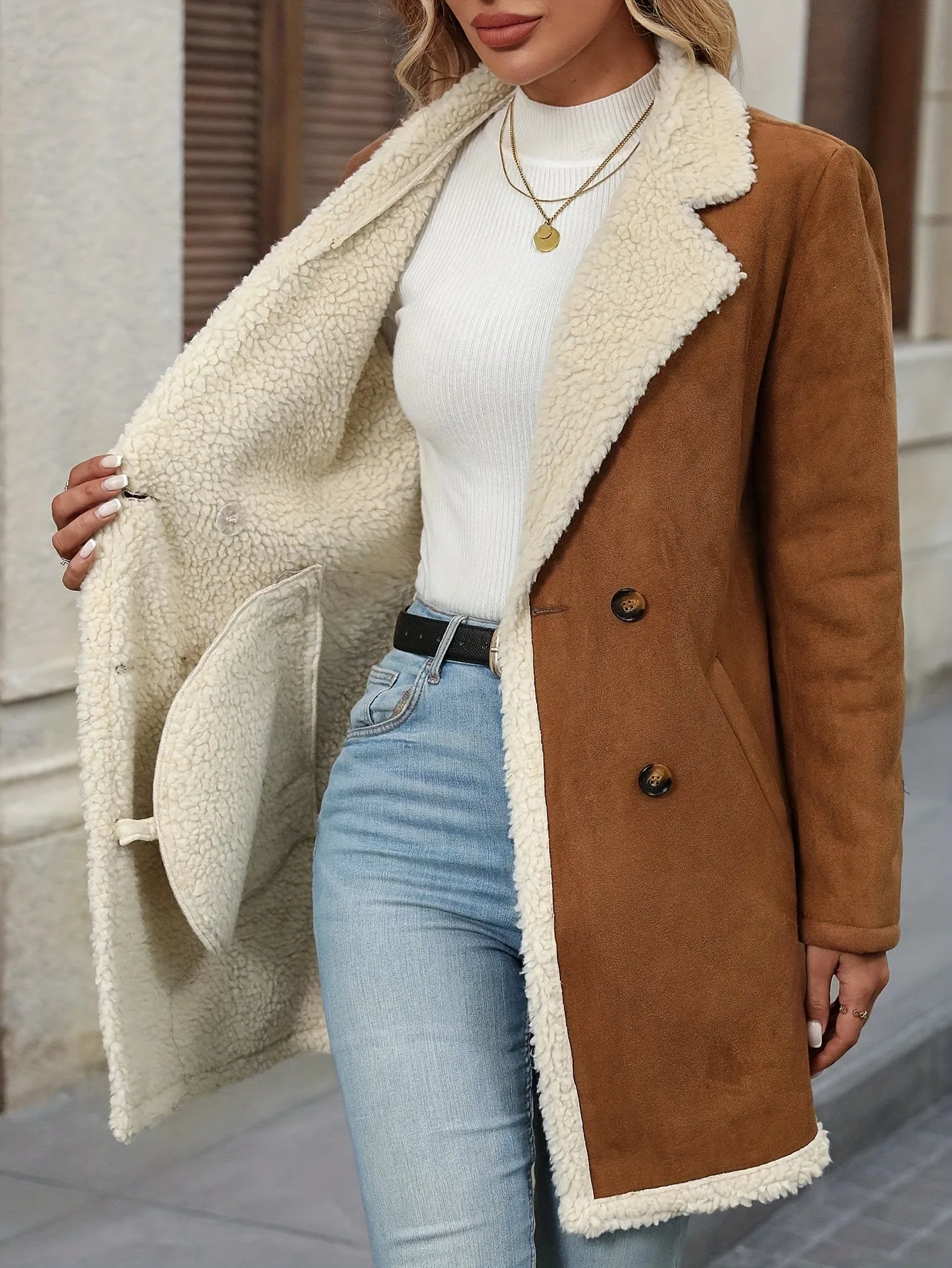 Women's Winter Jacket Plus Size Fleece Lined Jackets Streetwear Suede Coats Warm Notch Lapel Outerwear With Big Pockets