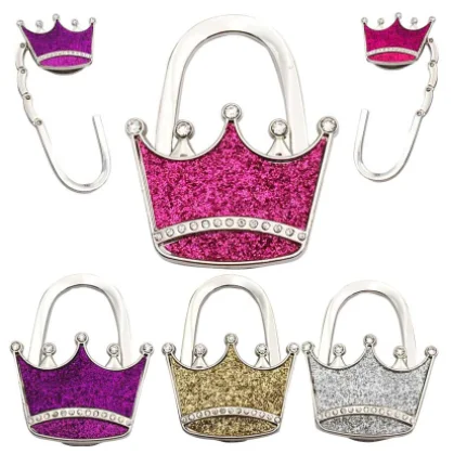 Bag Hook Shiny Folding Zinc Alloy Rhinestone Crown Star Table Edge Handbag Hanger for Home Keychain Cute Bag Pendant