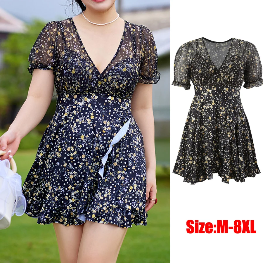 

One-pieces V-neck Swimwear Ladies Korean 2023 New Plus Size 8XL Hot Spring Women's Pool Swimsuit Large Size Swimsuits
