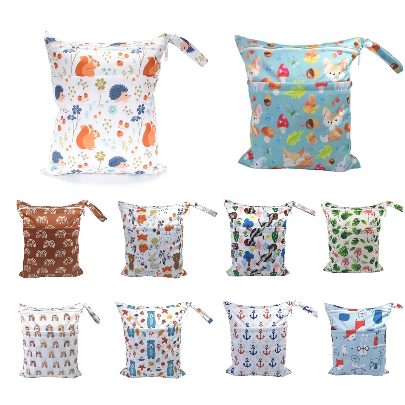 3pcs/set New Cartoon Printed Baby Double Zipper Diaper Bag Washable and Reusable Travel Storage Pouch Stroller Nappy Organizer