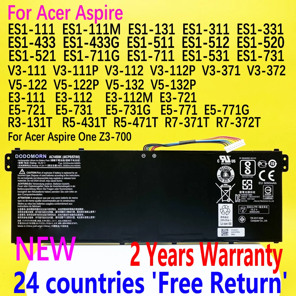 para Acer Aspire Es1111 131 311 331 433 511 512 520 521 531 711 731 V3-111p 112 371 372 V5-122 132 E3721 E5-771 For Acer Ms2392 Ms2393 Ms2394 N15q3 N15w4 N16p5 N17c1 N17c4 Aspire One Z3-700 Bateria do Portátil