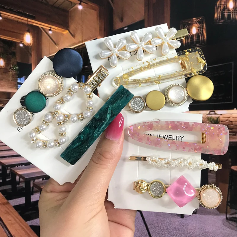 Pearl Crystal Acrylic Hair Clips Set for Women Retro Geometric Barrettes Hairpin Hair Accessories