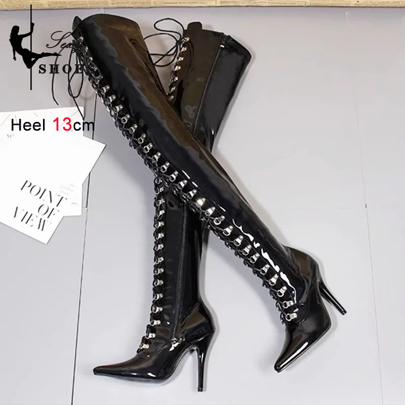 Pointed Toe Boots Women Winter Plush Warm Shoes Black Zipper Lace Up Sexy Model High Heels 2023 New Night Club Lady Thigh Boots