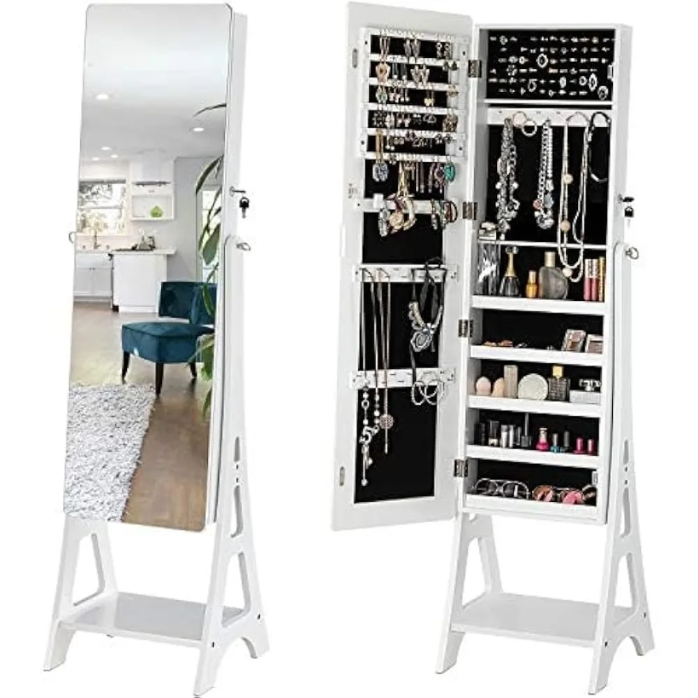

RUO WU Jewelry Cabinet Armoire, Large Storage Lockable Organizer with Frameless Free Standing Dressing Mirror