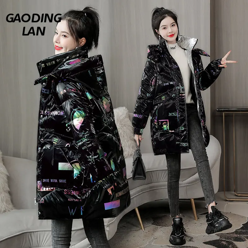 

Women Long Sleeve Bright Letter Zipper Winter Hooded Parkas Mid Length Thick Warm Cotton Padded Jacket Large Size Female Coat