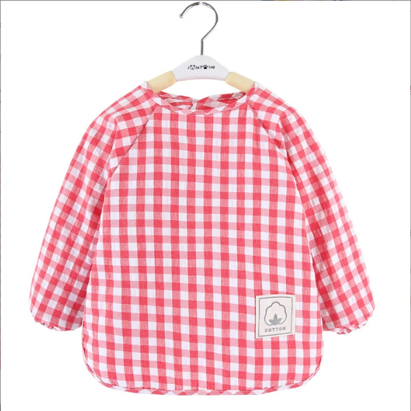 Summer Baby Food Overalls Waterproof Bibs for Boys Girls Children's Clothing No-Wash Apron Cotton Plaid Sleeveless