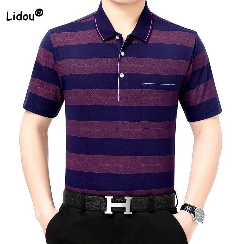 

Business Office Fashion Men Striped Polo-Neck Shirt Summer Casual Comfortable Short Sleeve Pockets Tops T-shirt Male Clothes